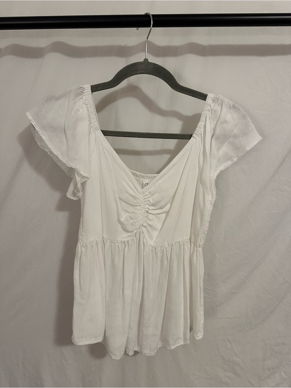 White V-Neck Ruched Flutter Sleeve Blouse